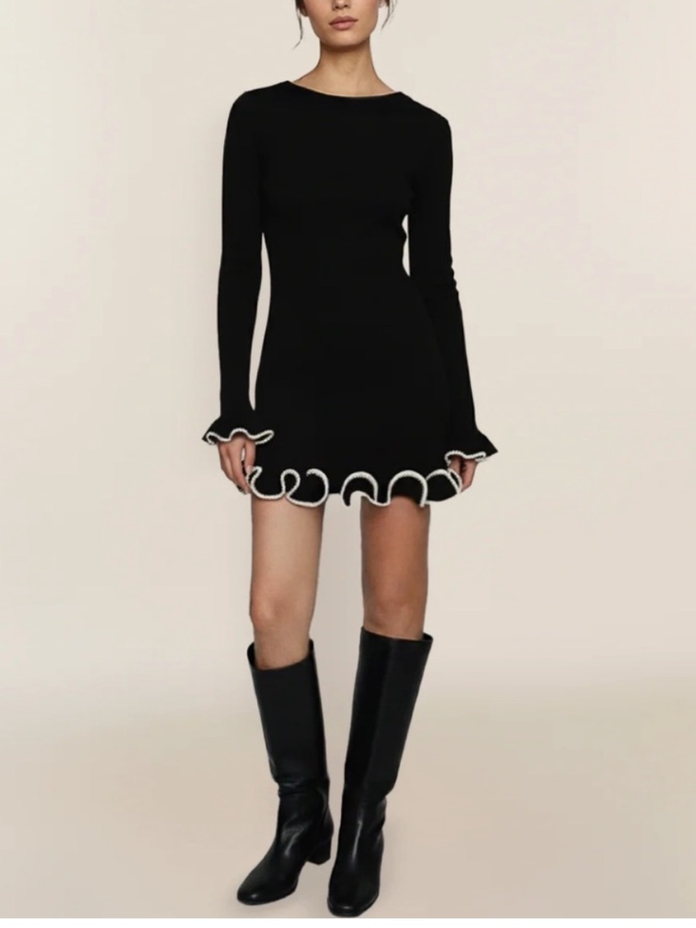 Jessica bara Black Mini Dress with White Ruffle Trim